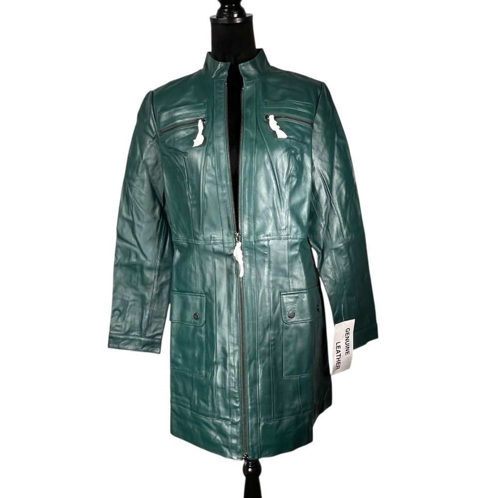 Metrostyle Green Leather Jacket Coat Long Trench A-line Glossy Women’s Size 10 - Picture 14 of 14